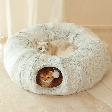 Soft plush round cat bed in grey Long plush pet bed for deep sleep and comfort